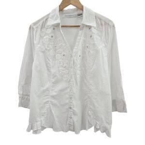 Tantrums Women Boho Artsy Cottage Sequins Embroidered Ruffle Button Up Blouse L